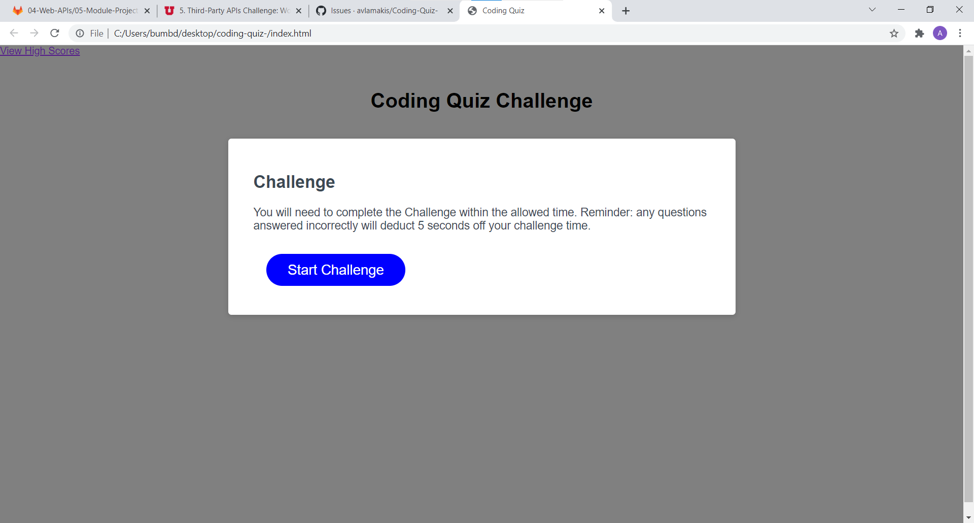 Coding Quiz Screenshot